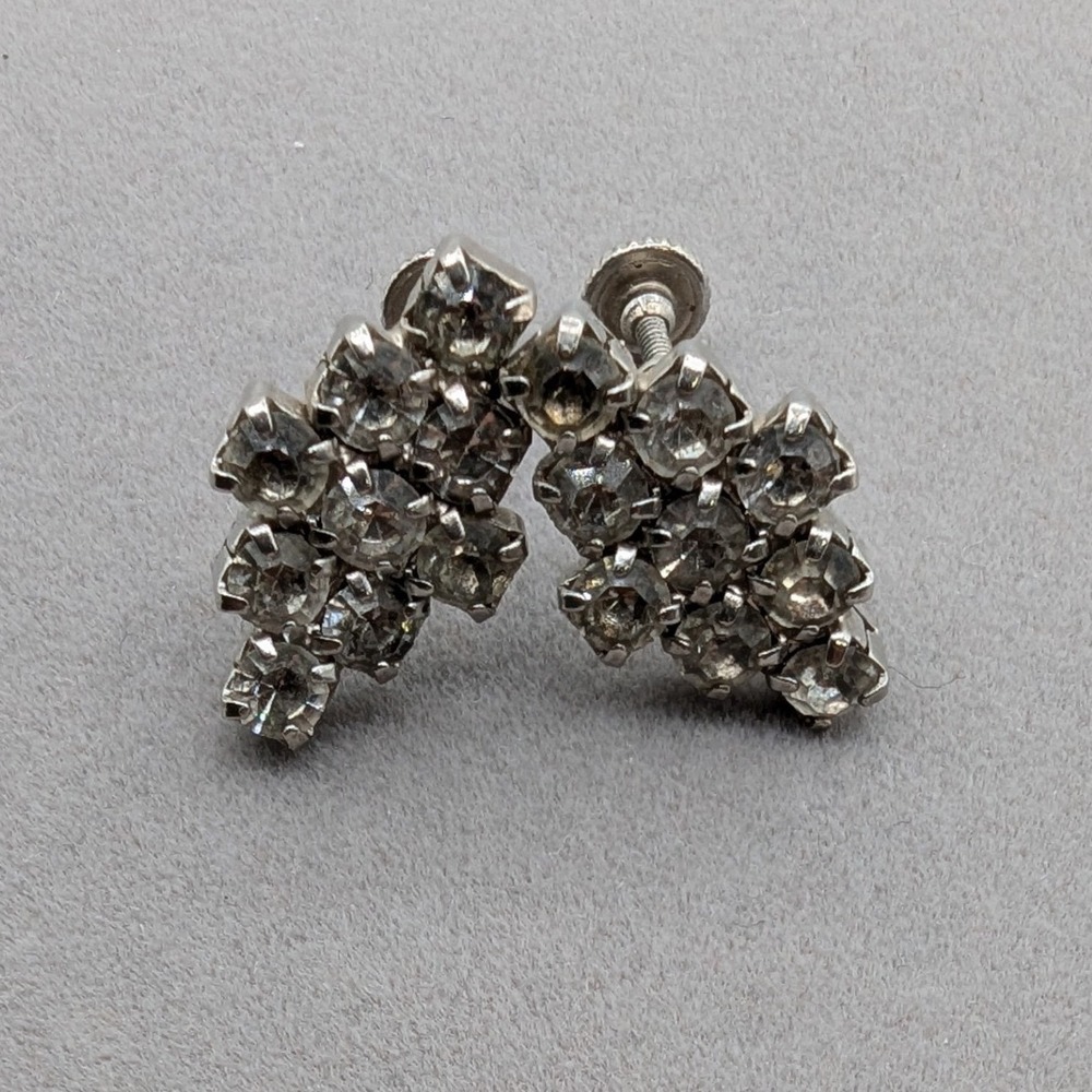 Vintage Silver Tone Clear Rhinestone Geometric Cluster Screw Back Earrings